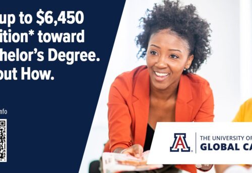 University of Arizona is offering Phi Theta Kappa members and employees with scholarships of up to $6,450 towards a bachelors degree. QR code for more information.